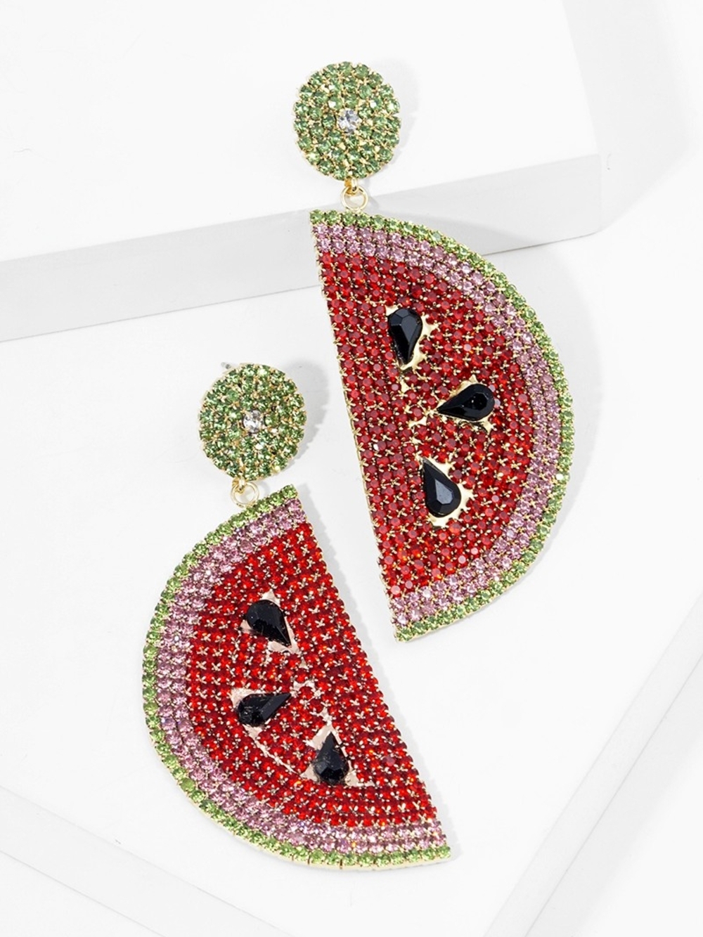 Watermelon Crystal Drop Earrings - Crystal Watermelon Dangle Post Summer Fruit